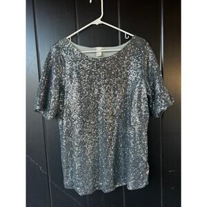 H&M Mama Silver Sequin Short Sleeve Top Party Holiday Sparkle